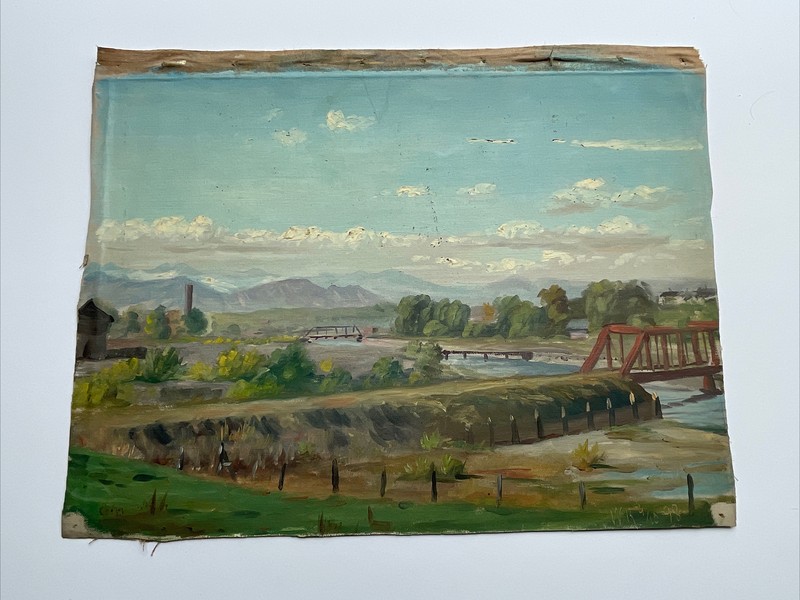 Antique HISTORIC DENVER PAINTING COLORADO BRIDGE REGIONALISM LANDSCAPE 1898 RARE gallery