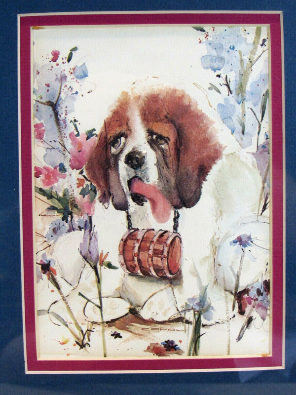 Vintage Framed Watercolor DOG ST BERNARD 11.25 X 4.25″