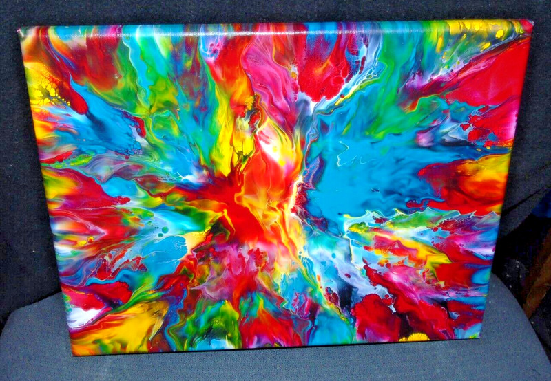 14″x11″ Original Fluid Art Paint Pour (Blowout)Red, Yellow, Green & Blue colors