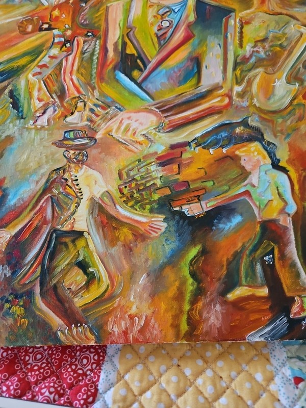 Original VTG OOAK 1984 Abstract Art Oil On Linen "Good Old Days Side 2" Signed gallery