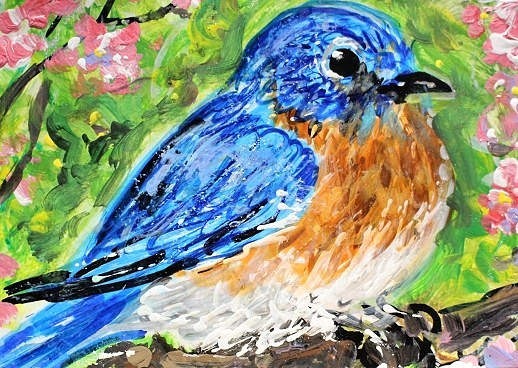 ORIGINAL ACEO PAINTING Eastern BLUEBIRD Spring Blue BIRD Flower Nature ATC ART