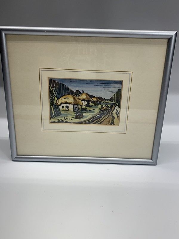 Framed water color painted amish village 1989, Unsigned