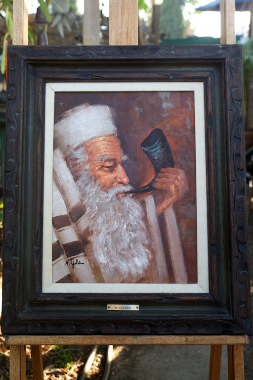 Oil Painting on Canvas Rabbi with Shofar Jewish New Year Artist Signed