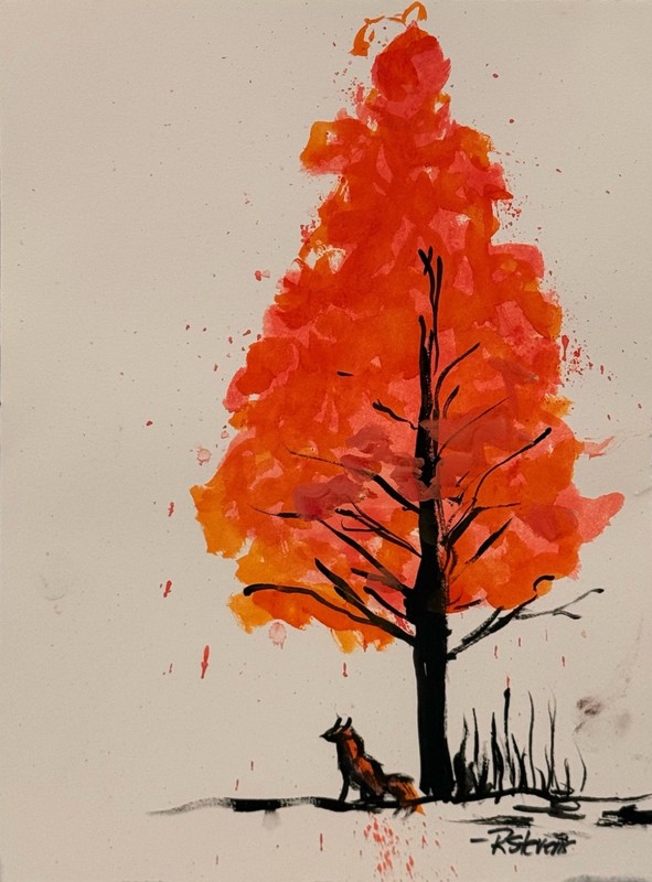 R Stevens Fox Under Red Tree Original Acrylic Painting 10x15 gallery