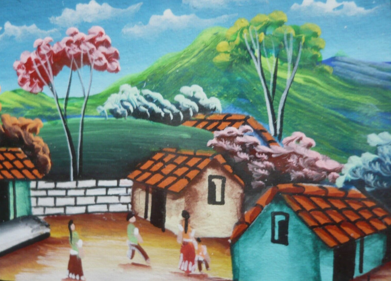 FINE VINTAGE FOLK ART NICARAGUA VILLAGE SCENE MINIATURE OIL COLORFUL LATIN ART gallery