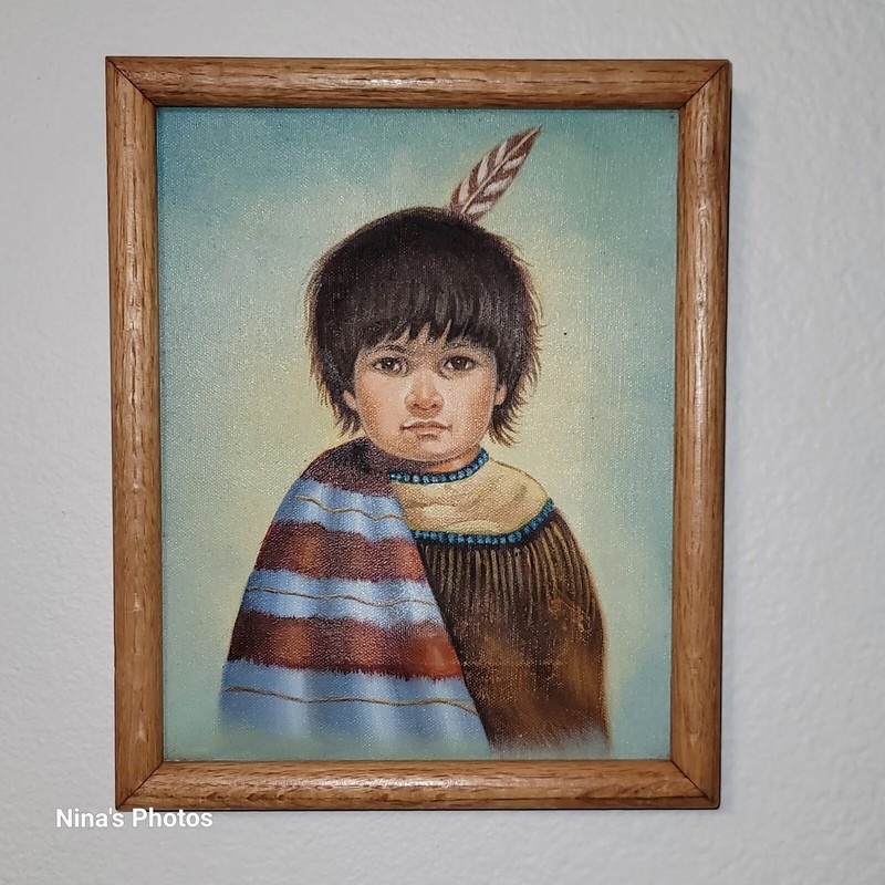 Vintage Native American Oil Painting Child Boy W/ Feather Headdress 11×9″