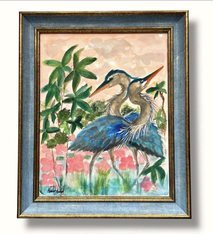 ORIGINAL Heron Watercolor Painting, Romantic Tropical Bird Art, Rustic Frame