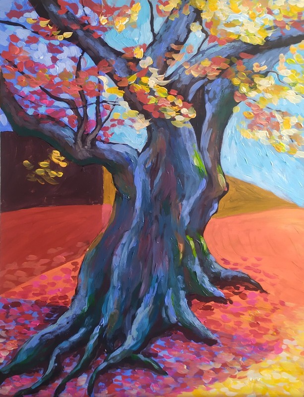 Acrylic original painting on panel handmade landscape with a vibrant blue tree