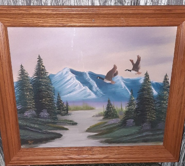 Perfect Lodge Cabin Original ART Geese Forest Landscape Signed June 92 Painting