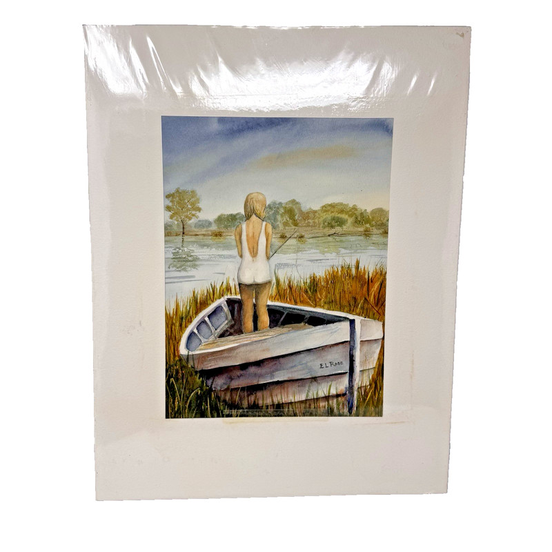 Charming Vintage Row Boat Girl Fishing Signed «E L Rose» Watercolor Painting EUC