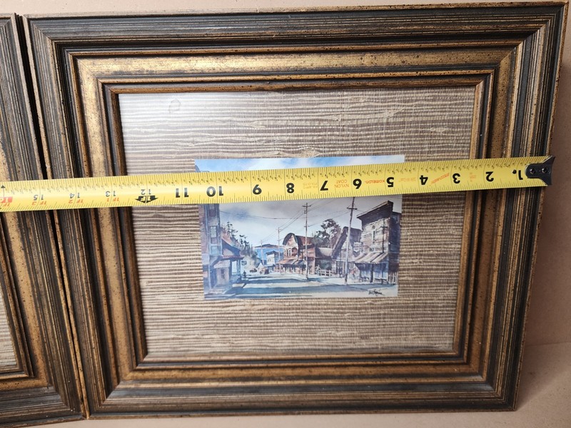 2 Small Card Pictures Framed Pier And Western Town 13" X 15" Burlap Wood Style gallery