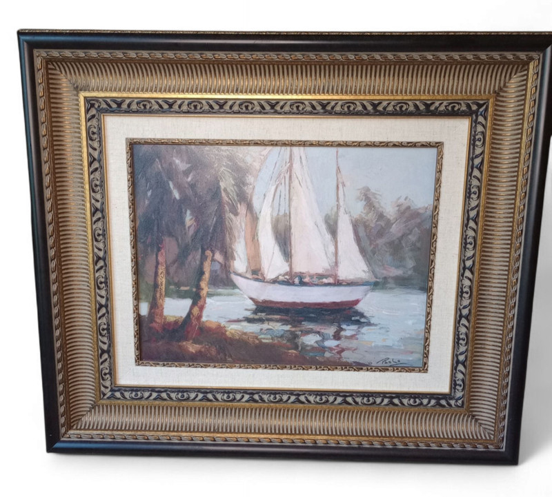Vintage Painting “Bermuda Bay” Oil Print On Board By Enrique Bolo Framed