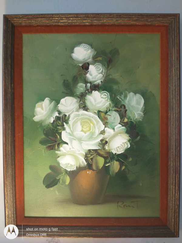 A. Julia Rant Signed White Rose Floral Still Life Original Oil Painting gallery