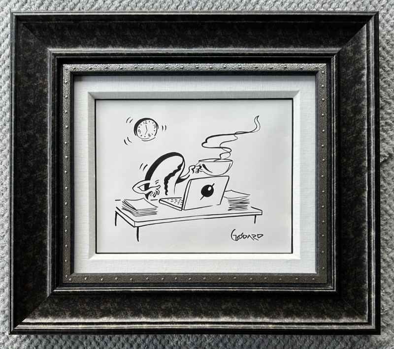 Michael Godard «Working Hard Coffee Bean» Original Painting on Paper Hand-Signed