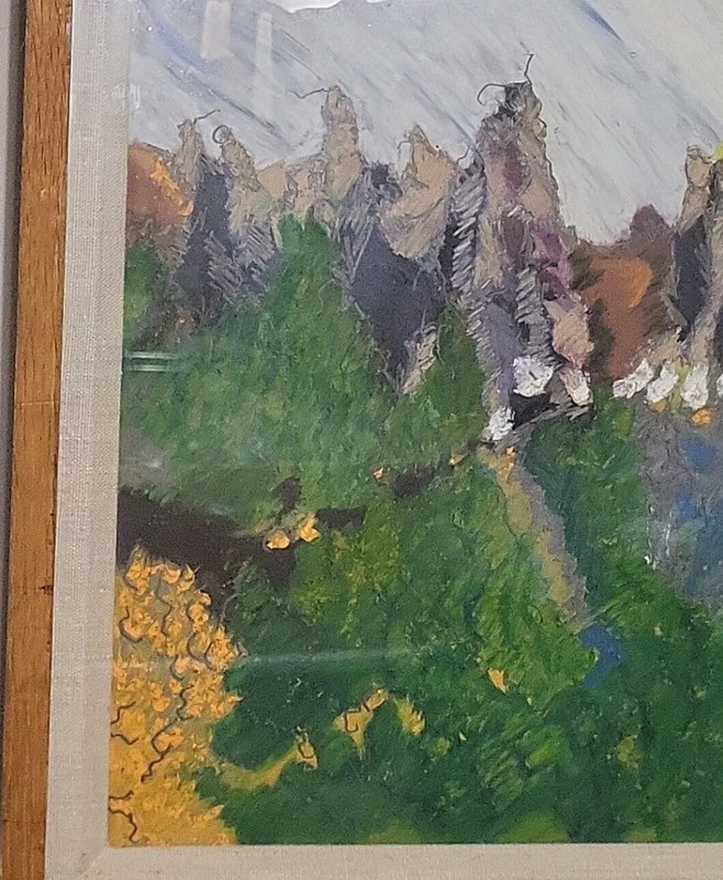 Vintage Framed Mixed Media Expressionist Landscape on Board (Signed/Dated '87) gallery