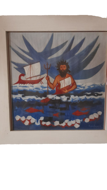 Framed Greek Mythology Art Print – Poseidon & Ancient Ship – Nautical Decorative