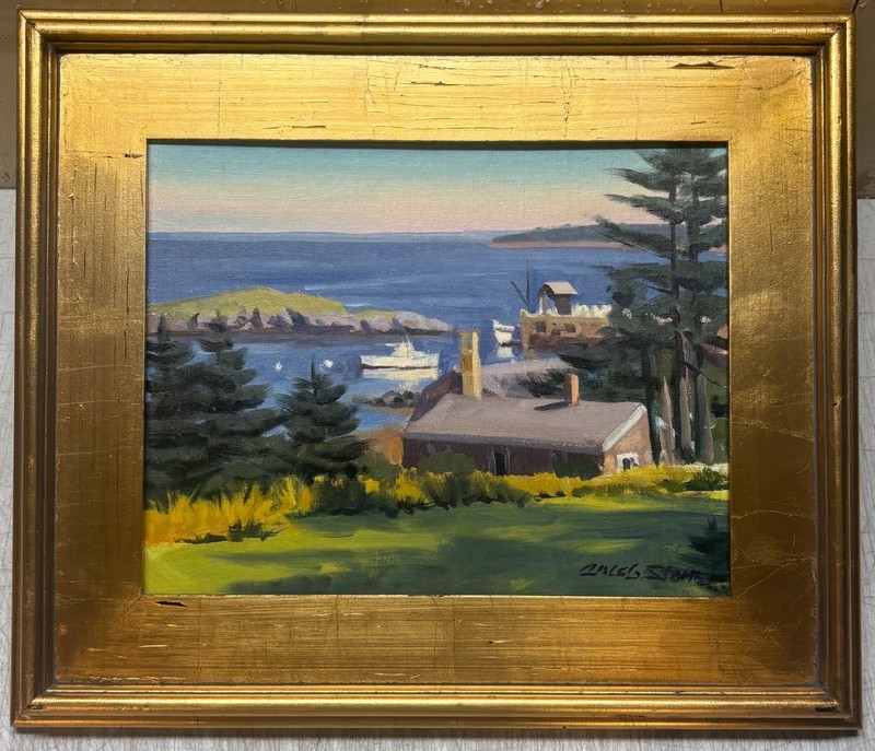 Vintage CALEB STONE 'Harbor View Cabots Cove Boats MONHEGAN MAINE' Oil PAINTING gallery