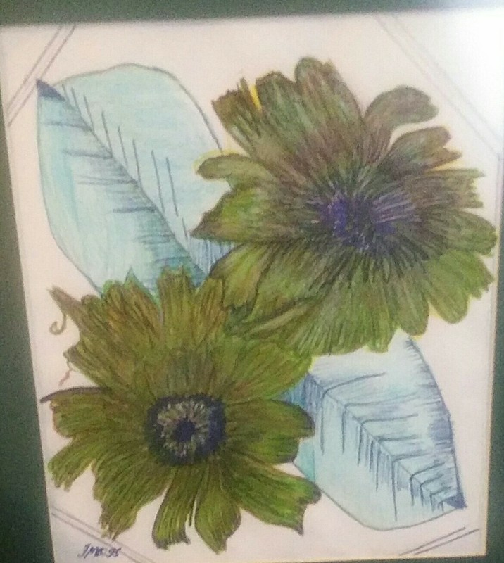 Green Flowers Multi Media Pen/Pencil.Framed Under Glass. 16 H X 20 W Signed FMS