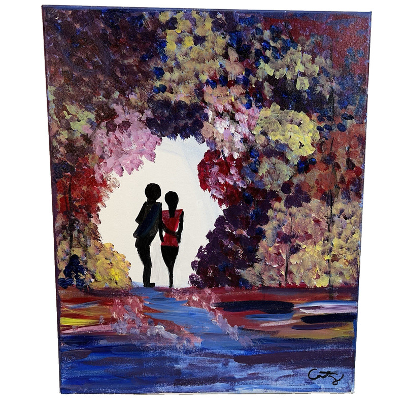 Abstract romantic oil painting 16″x20,» canvas wood stretchers, signed «Caty.»