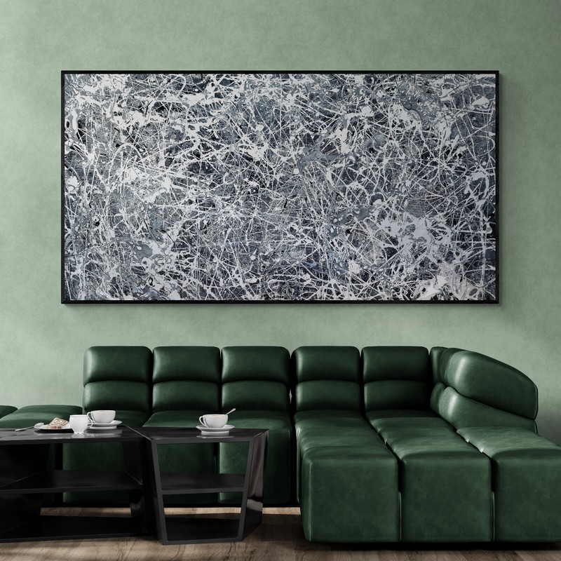 XXL Jackson Pollock Style Black & White Abstract Art Textured Painting 78x39 in gallery