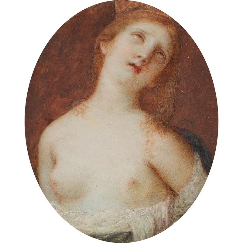 Miniature Holy Woman Portrait with Crown Unsign Watercolour Mother of Pearl Late 18thC