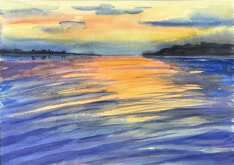 Original painting Decoration Modern Art bright sunset Water-colour Seascape