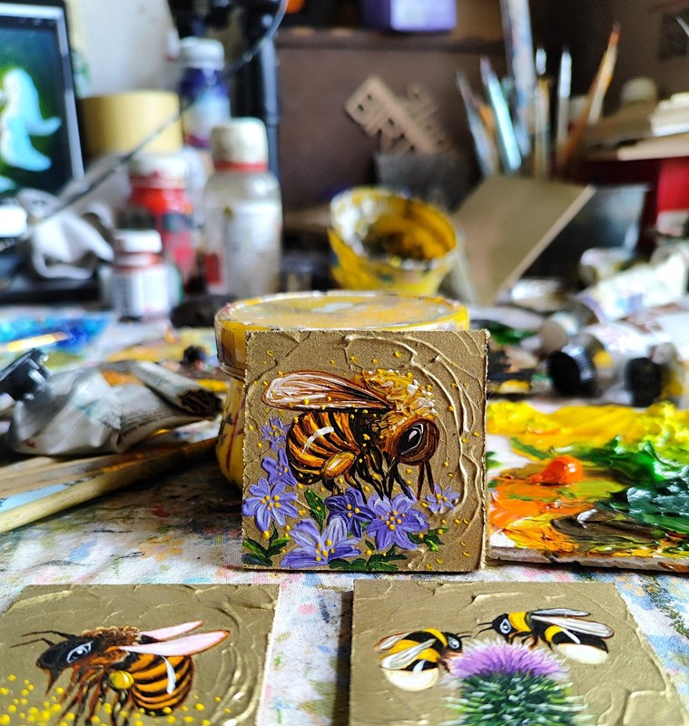 Honeybee Oil Painting: Mini Art for Bookshelf, Bee on Violet Flowers 2 by 2 in gallery