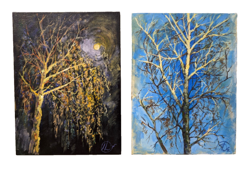 Diptych Day & Night Tree Art Set of 2 Original Acrylic Paintings 22x18cm