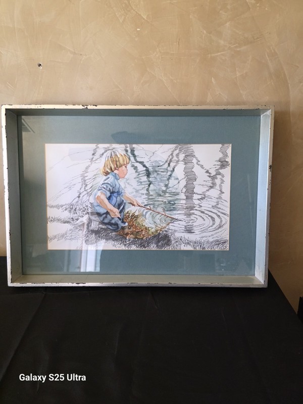 Corinne Hartley Original Watercolor Pencil Painting Framed Boy Pond Childhood