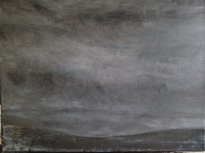 Abstract Landscape Sky Painting – Gray Black Canvas Artwork, Art Theme