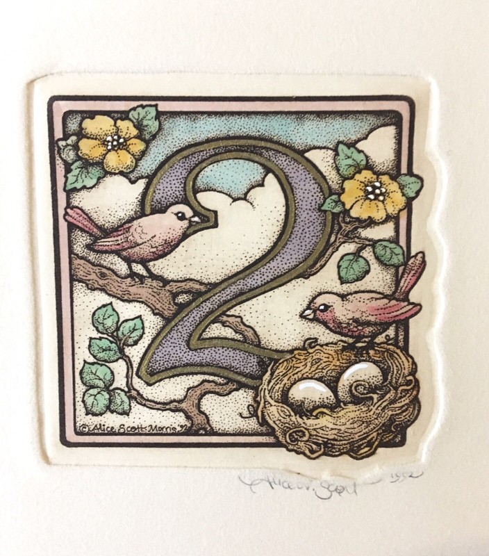 “2” signed Hand Watercolored etching from Alice Scott’s Alphabet Series