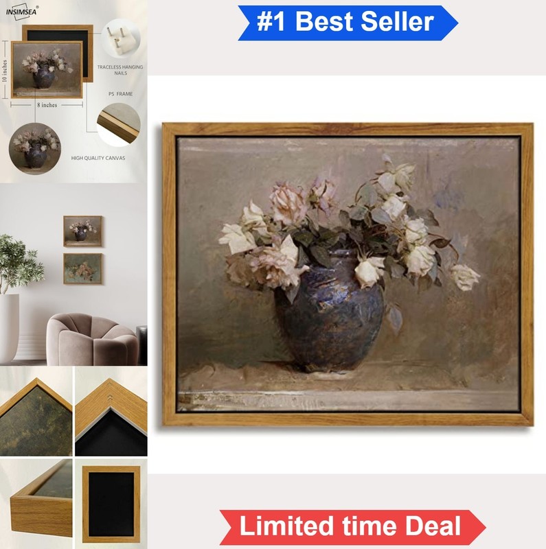 Framed Canvas Print Roses in Vase Classical Oil Painting Wall Art for Living