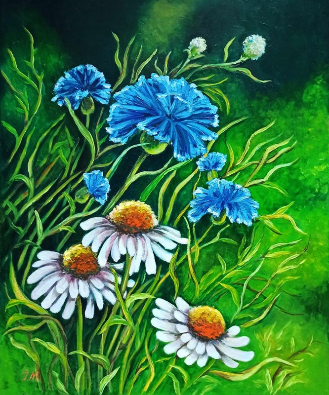 Wild Flowers Chamomile Cornflower Oil Painting Canvas Floral Art Ready To Hang