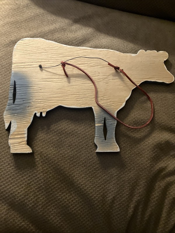 OOAK HANDMADE HAND PAINTED SIGNED COWS IN FIELD NEAR STREAM LEATHER HANGER gallery