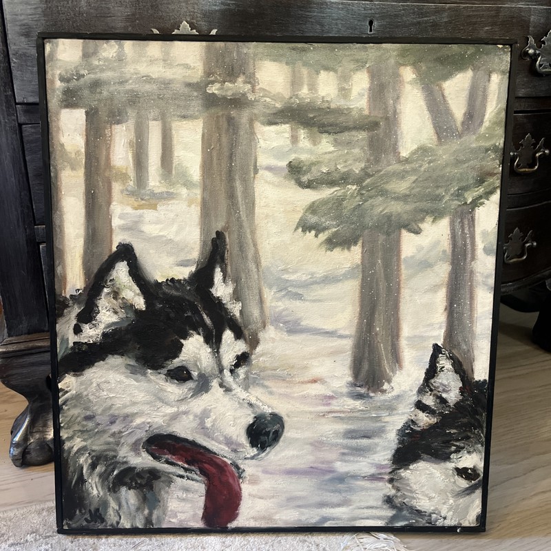 Original Oil Painting Husky 20” X 18” Cute Dog, Huskies Canvas & Wood Frame