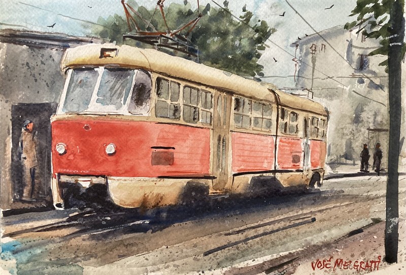 Original Watercolor Painting Tram Line 7.1/2″ X 11″