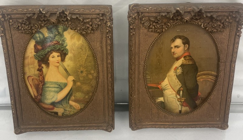 Handpainted Framed Plaques of Napoleon + Empress Josephine 4.5” x 6” EJS Mfg Co