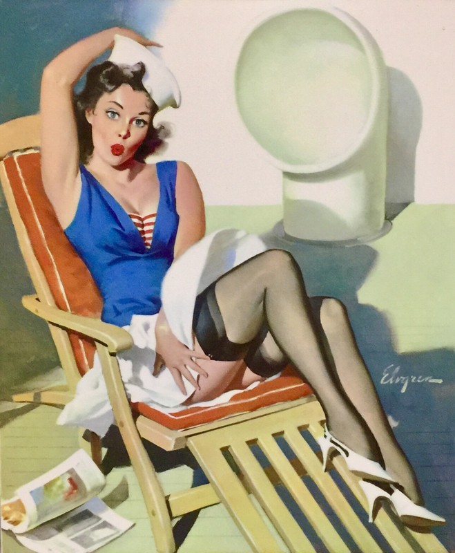 Gil ELVGREN Pinup SKIRTS AHOY Original Painting UPSKIRT Pin-Up Stockings SAILING