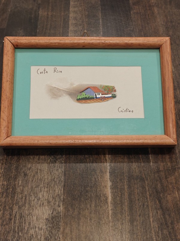 Vintage Costa Rica Hand Painted Feather House Art Framed Signed