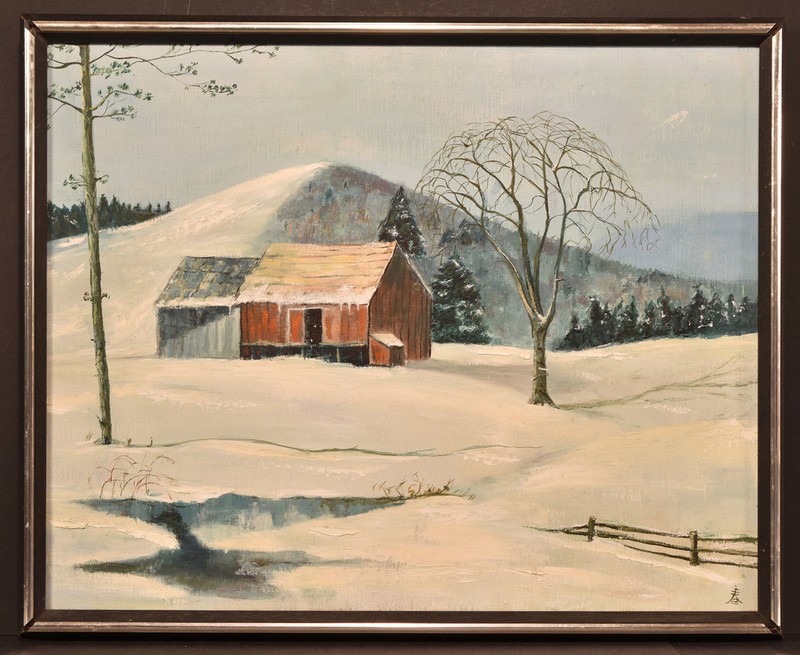 Mid to Late 20th C New York Winter Farm Landscape with Mountains, Signed, Oil on