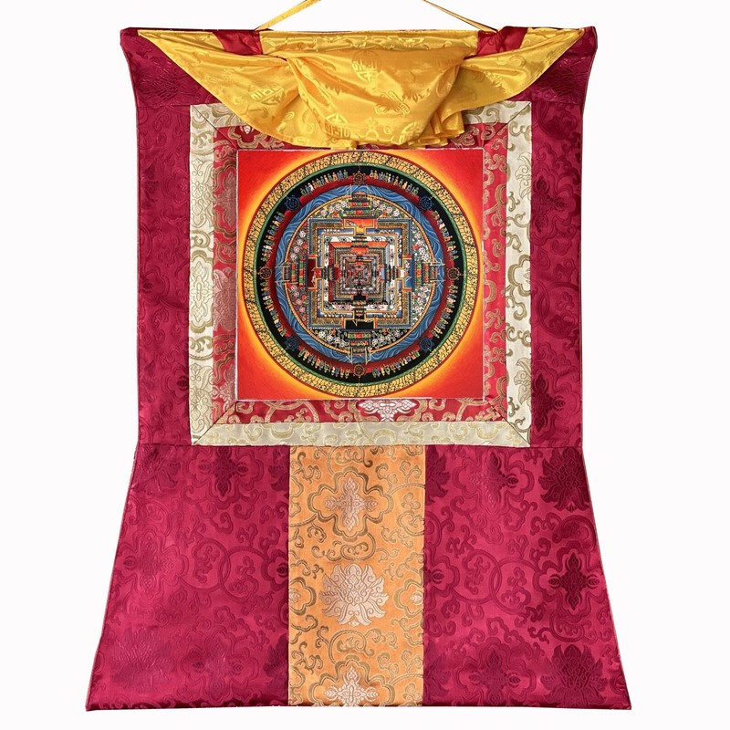Silk Brocade Mounted Kalachakra Mandala, Wheel of Time Thanka, Dalai Lama