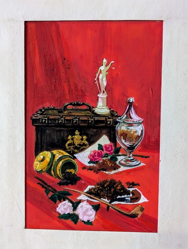 Vintage 50s Painting Miniature Still Life -Listed FRANK NICHOLAS Tobacco & Pipes