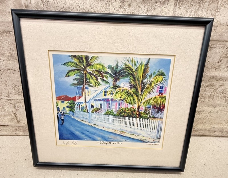 Jonathan Bethel Signed Print Walking Down Bay Bahama Framed Art 12”x13”