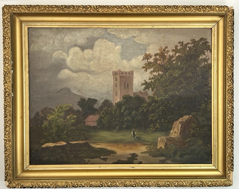 Antique 1890s Dunlop House Scottish Oil Painting Castle Tower 20½x15½ Gilt Frame