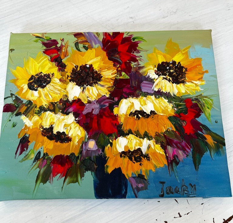 Sunflowers in Blue Vase Painting 8″H X 10″L Artist Signed