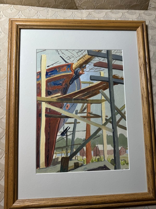E.J Saylor «Boatyard Scene» Watercolor Painting #2 – Framed