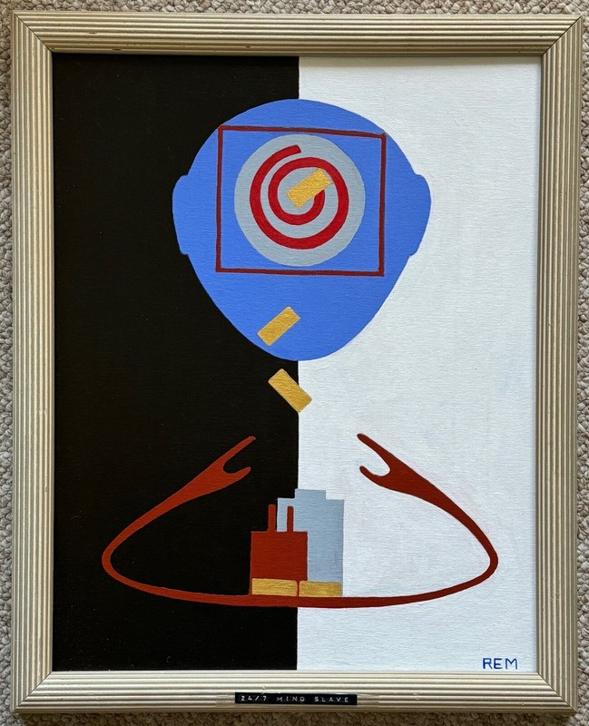 Vintage Geometric Surreal Abstract Painting Art Wall Hanging Signed REM Menges
