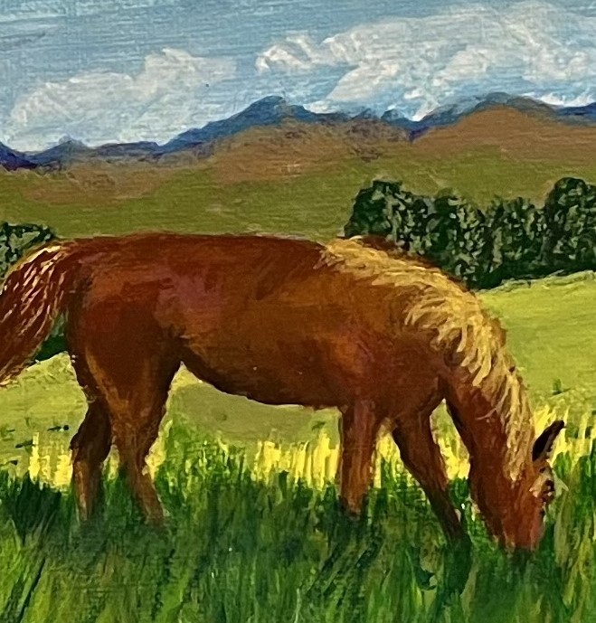 horses, meadow, clouds, mountains, peaceful, nature, sky, grazing, acrylic gallery