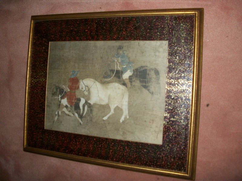 Antique CHINESE Lithograph/Painting MEN ON HORSES Framed-Signed FROM CHINA c1900 gallery