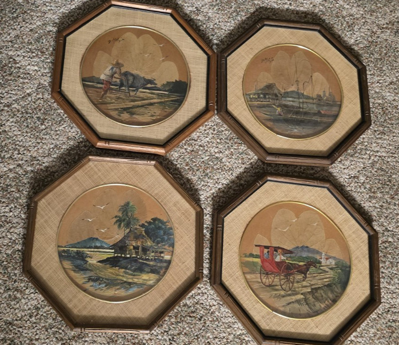 VTG Set 4 Signed Octagonal Leaf Impression Pastoral Art 13″ Framed Landscapes